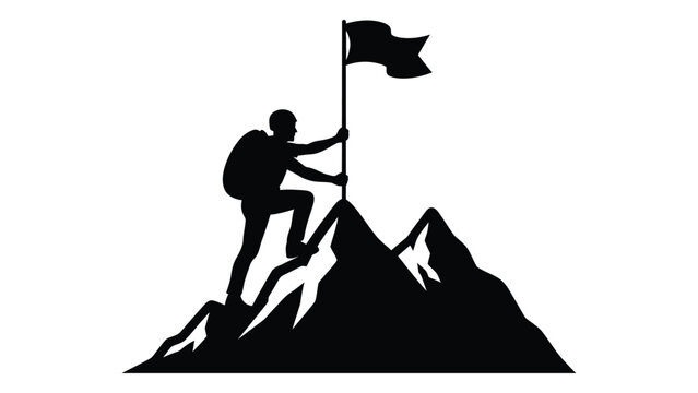 A person climbing a mountain and planting a flag isolated on white background, Vector