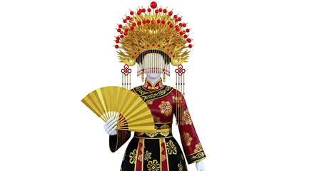 Obraz premium Woman in Traditional Chinese Wedding Attire with Golden Fan