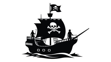A black and white image of a pirate ship with a skull and crossbones flag isolated on white background, Vector © MD Riad Hossain 