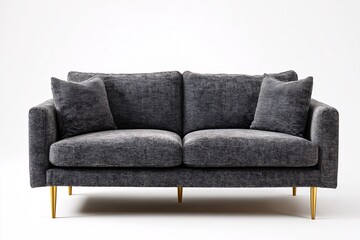 Fototapeta premium Modern gray sofa with gold legs and patterned cushions on white background
