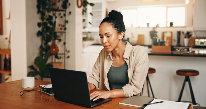 Remote work, finance or woman in home with laptop, profit change or news update on investment return. WFH, reading or analyst in house with tech, budget review or revenue growth on client account.
