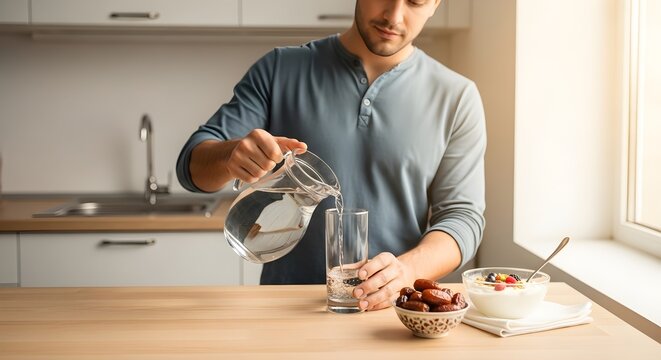 Man pours water into a glass in a kitchen setting preparing breakfast