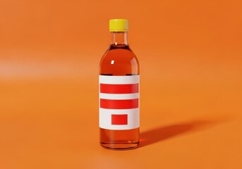 Obraz premium A clear glass bottle with amber liquid and a white label with red stripes and a red square, set against a vibrant orange background