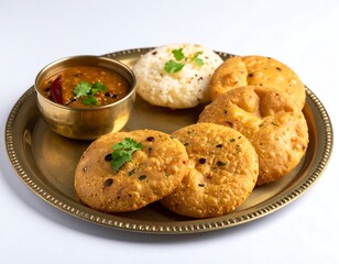 Indian meal with fried bread, lentil stew, and a golden serving platter