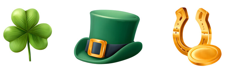 Clover, Hat, Coin for St. Patrick's Day on a neutral transparent background, symbol of the holiday, object, gold. Ireland. 2026