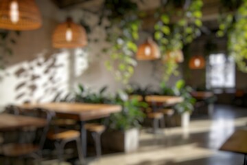 Obraz premium A softly blurred interior of a cozy cafe with wooden tables, hanging lamps, and lush green plants, creating a warm and relaxing atmosphere with copy space.