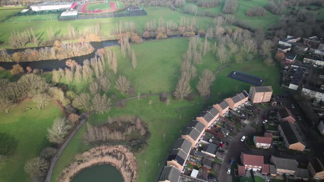 Empty Field At Gloucester Park In Basildon, Essex, Aerial Drone View