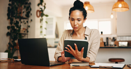 Laptop, reading or woman with tablet for remote work, financial records evaluation or accuracy...