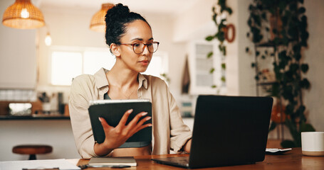 Laptop, woman or tablet for work from home, financial records evaluation or audit for accuracy...