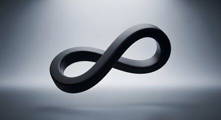 Abstract image featuring black infinity symbol floating in air against gradient gray background, representing eternity