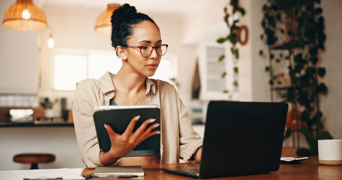 Laptop, woman or tablet for work from home, financial records evaluation or audit for accuracy check. Review, digital archive or freelance auditor with internal investigation, risk assessment or tech