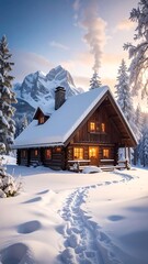 Fototapeta premium A cozy snow-covered cabin nestled among trees (1)