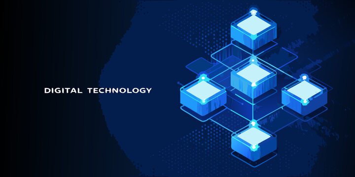 Abstract digital technology background with glowing interconnected isometric cubes