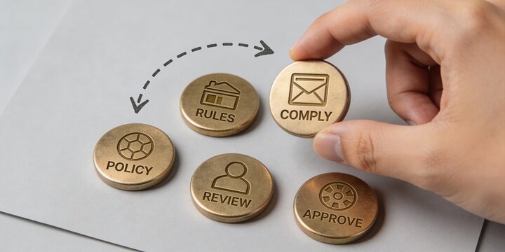 Compliance policy rules review approve comply brass tokens, hand placing token into governance workflow, audit process concept on minimal paper background with copy space