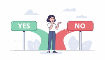 Naklejka premium Confused Young Woman Standing at a Crossroads Between Yes and No Signs, Concept of Difficult Decision Making, Choosing the Right Path, Uncertainty and Doubt, Vector Illustration of Life Choices.
