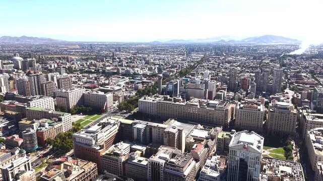 Drone footage revealing Santiago metropolitan structure and capital layout for editorial use. Chile, 4K