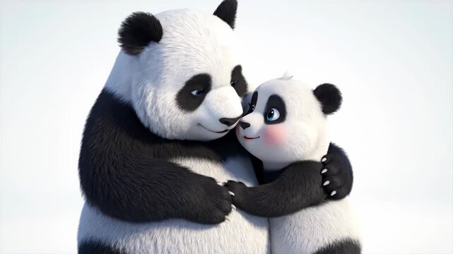 An adult panda embraces a smaller younger panda against a soft light background Both have black and white fur the young one has blue eyes and pink cheeks
