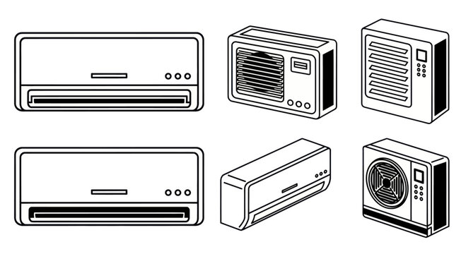 Set of various air conditioning units in different perspectives.