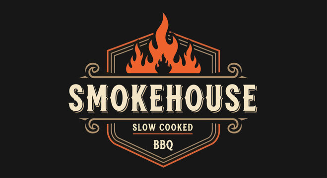 Smokehouse Slow Cooked BBQ Logo with Flames and Vintage Design.