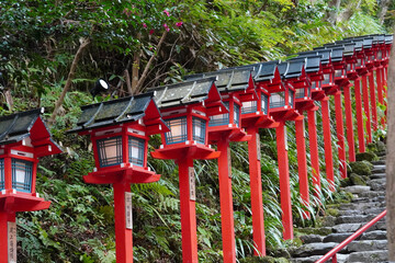 京都貴船神社の朱塗りの灯籠が立ち並ぶ参道の石段