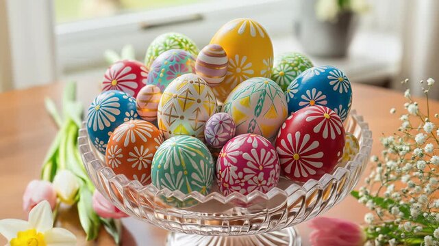 Vibrant collection of intricately hand-painted Easter eggs displayed in a crystal bowl, surrounded by fresh spring tulips and daffodils, symbolizing festive celebration and springtime renewal.
