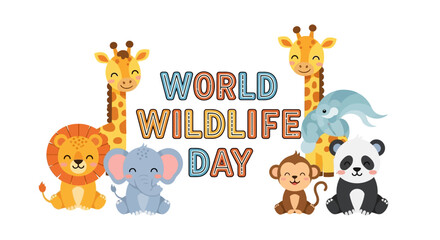 Obraz premium Colorful illustration of animals for World Wildlife Day 2026 promoting biodiversity protection and environmental awareness.
