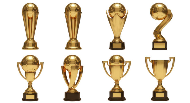 golden football trophies on white background for awards championship celebrations victory and winning concepts
