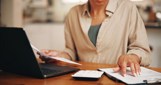 Woman, hands and document in apartment with laptop, calculator and administration for utility bills. Person, paperwork and computer in home with financial planning, household expense and tax return.