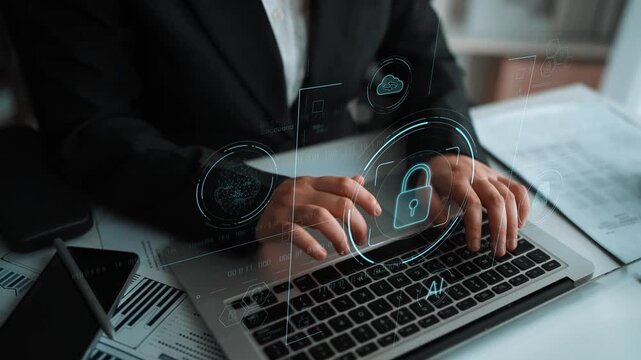 Cybersecurity system interface with biometric lock and data protection. Cybersecurity protects access, identity, cyber security prevents threats, and cyber security supports digital systems. Marrow