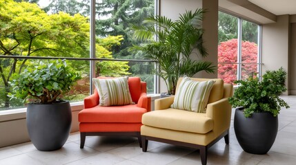 Fototapeta premium Relaxing modern terrace living area with potted plants