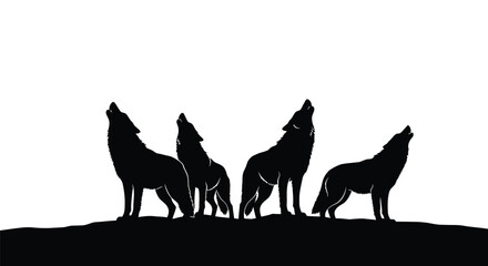 Silhouette of four wolves howling on a dark ridge against a white background © Payara