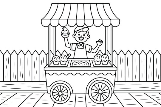 An ice cream vendor cartoon illustration selling sweet treats outdoors
