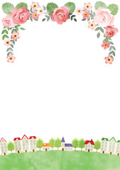 バラと街並みイラスト、春、かわいい、縦、水彩