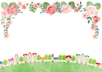 バラと街並みイラスト、春、かわいい、横、水彩