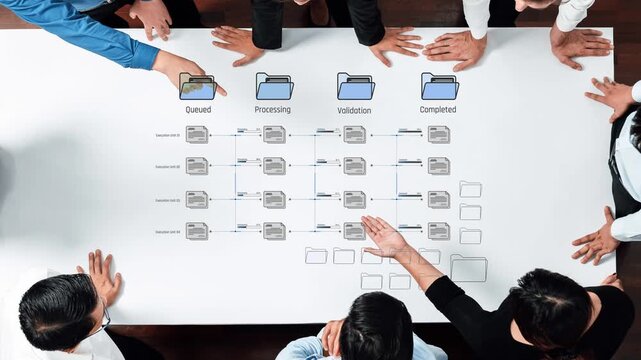 A diverse team of professionals collaborating in an office space, analyzing a workflow management chart, focusing on optimization and efficiency for document tracking tasks. Raster