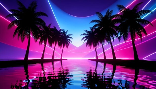 Silhouette tropical palm trees glowing on abstract neon water background