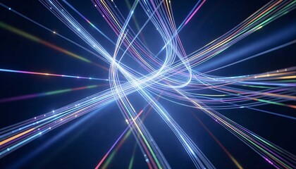 Abstract futuristic network technology uses luminous glowing fiber optic digital data communication flow