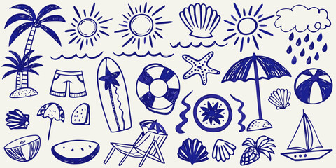Blue line drawing of summer vacation and beach themed doodles © Ripan
