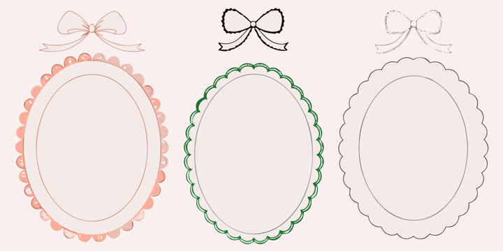 Decorative bows and scalloped oval frames in varying colors