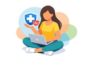 Woman with laptop and health insurance shield icon.