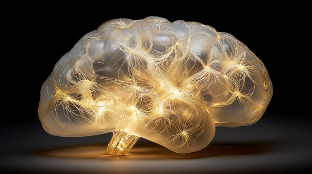 shortcoming. Translucent glass brain sculpture with glowing golden filaments inside. product launch decks, UI/UX mockups, designed for product launches and innovation pitches, used by copywriters.