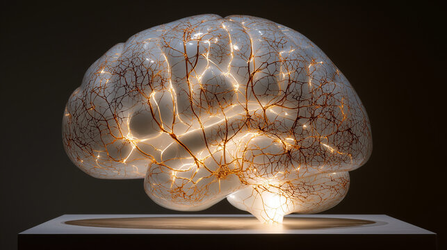 shortcoming. Translucent glass brain sculpture with glowing golden filaments inside. product launch decks, UI/UX mockups, designed for product launches and innovation pitches, used by copywriters.