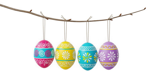 Colorful easter eggs hanging from a delicate string decoration