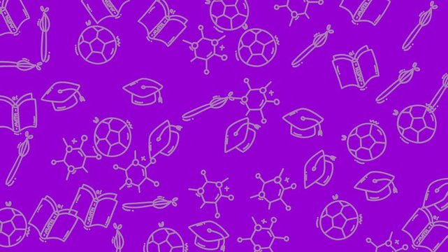 Purple pattern of schoolrelated drawings like books suitable for educational designs, school supplies advertisements, and classroom decorations. Great for backtoschool.