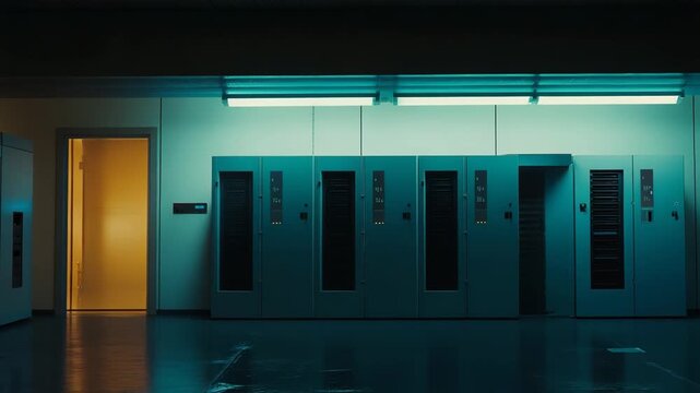 Server room interior with rows of mainframe computers, reflecting blue light on the polished floor, next to a brightly lit open doorway suggesting connection and access