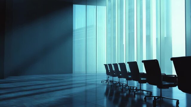 Empty modern conference room featuring a long table and chairs in a contemporary office setting, catching light and shadows from large windows, conveying professionalism and corporate atmosphere