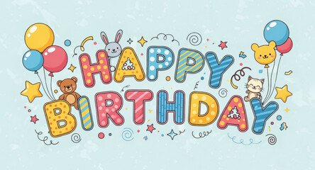 Obraz premium Cute Kids Happy Birthday Card with Balloons Vector Illustration