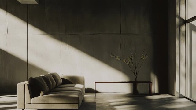 Minimalist living room interior with a sofa, side table, and plant branches in a vase, featuring concrete walls and natural sunlight creating dramatic shadows and highlighting a zen aesthetic