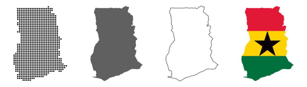 Ghana country map vector set with dotted pattern solid silhouette outline and national flag illustration