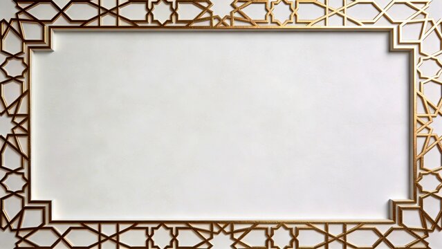 Luxury thin gold geometric border frame on white background inspired by Islamic pattern with high copy space